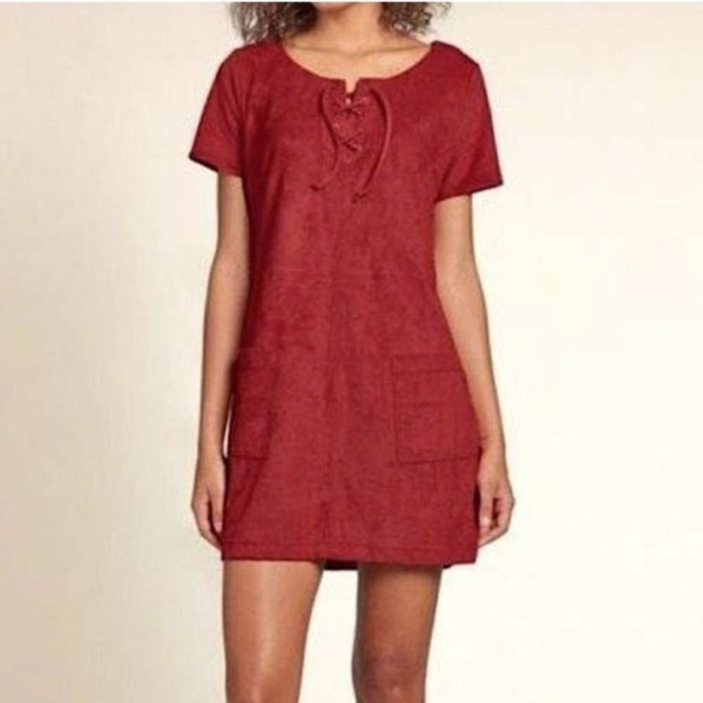Hollister Red Suede Mini Dress with Pockets, Tie Neck Detailing Bohemian Size M